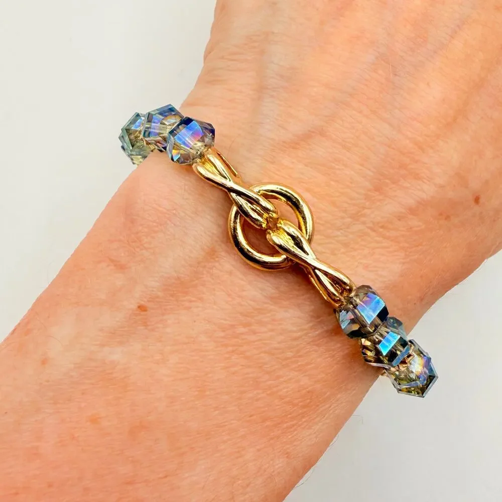 Erimish Blue Aurora Borealis Crystal Beaded Stacking Bracelet Stretch Gold Tone